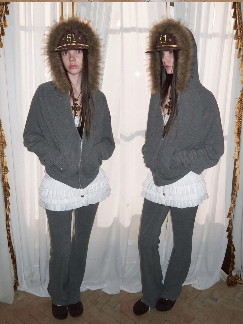 1JINN STUDIO Studded Hooded Zip Long Sleeve Us Casual Women Solid Color Top & Pants Sets