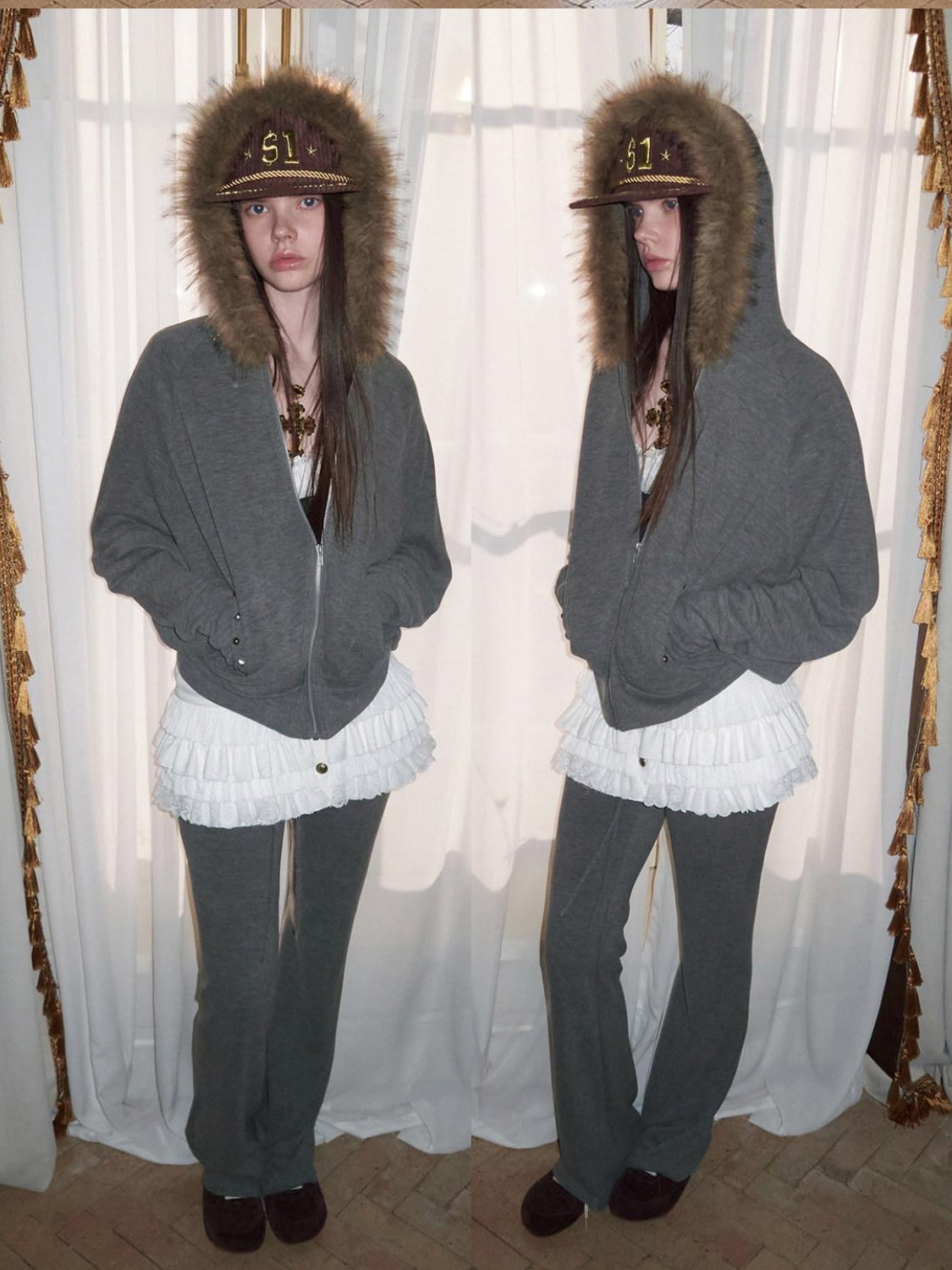 1JINN STUDIO Studded Hooded Zip Long Sleeve Us Casual Women Solid Color Top & Pants Sets