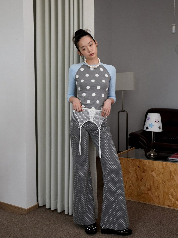 1JINN STUDIO Soft Stretch Viscose Slim Fit Cross Polka Patchwork Women Long Sleeve T-Shirts