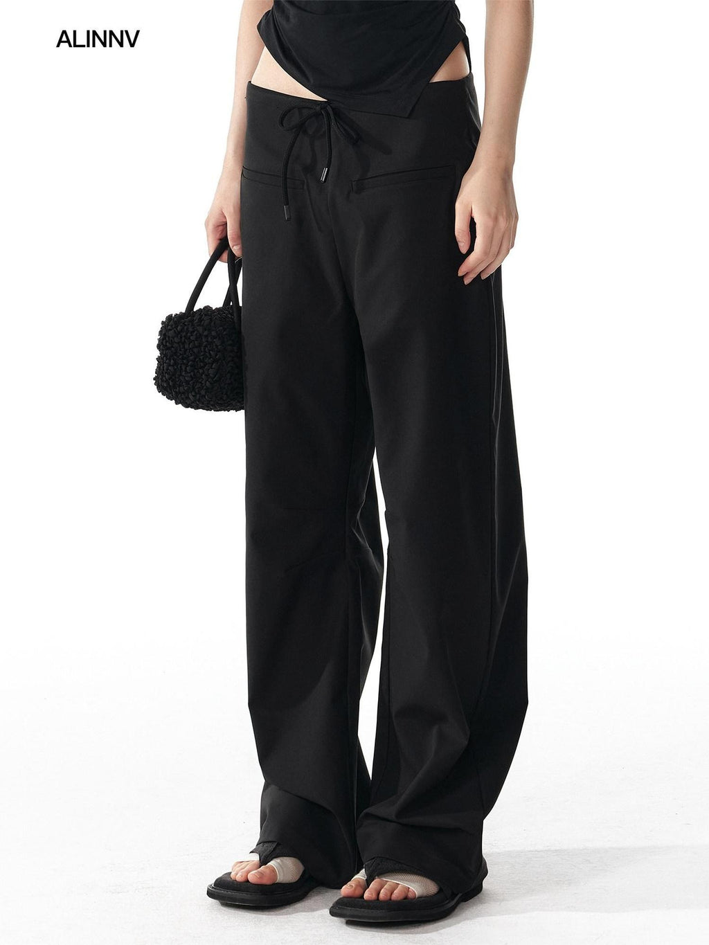 ALINNVSTUDIO Minimalist 100 Percent Polyester Low Waist Zip Fly Loose Wide Leg Pants