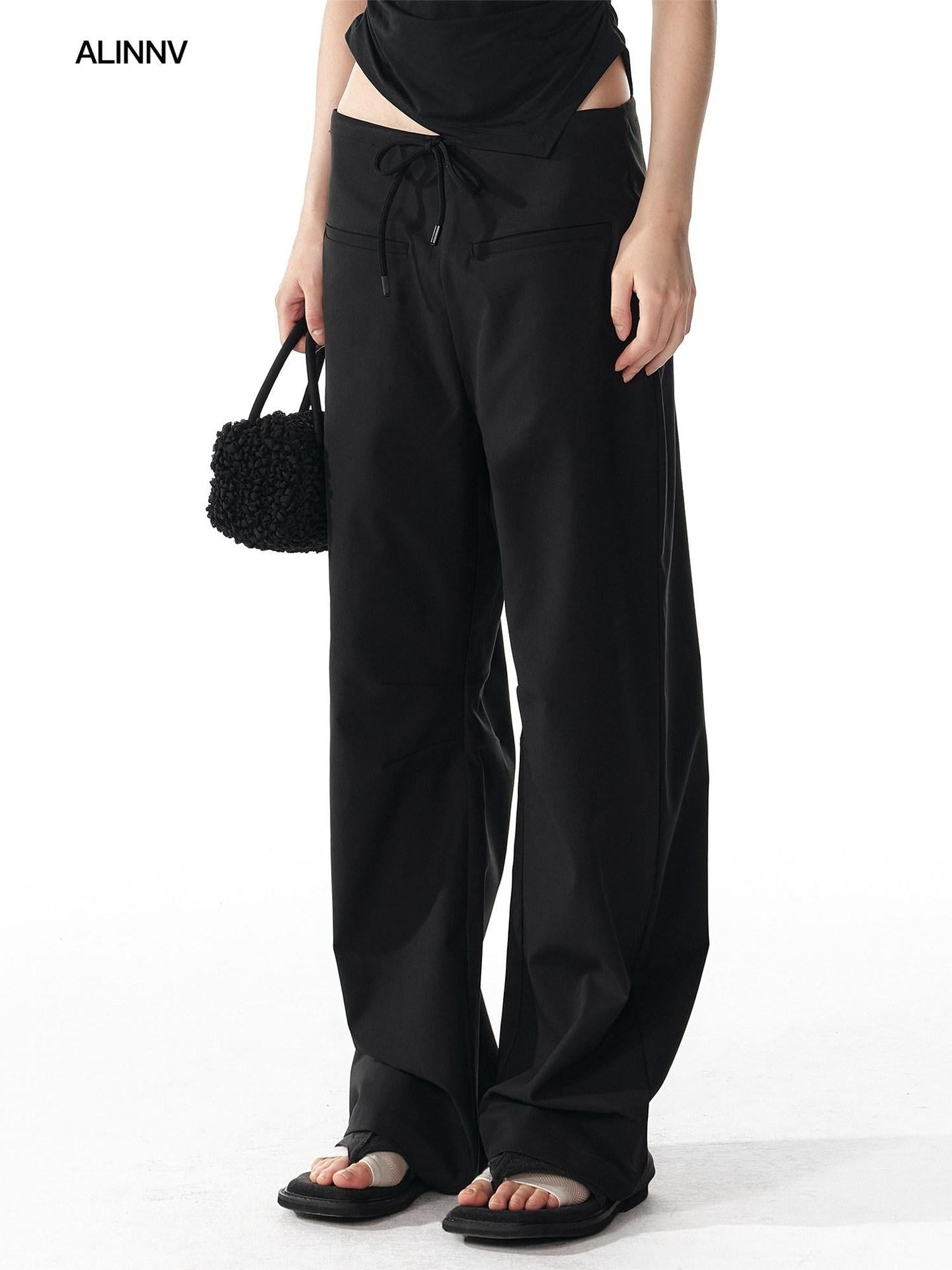 ALINNVSTUDIO Minimalist 100 Percent Polyester Low Waist Zip Fly Loose Wide Leg Pants