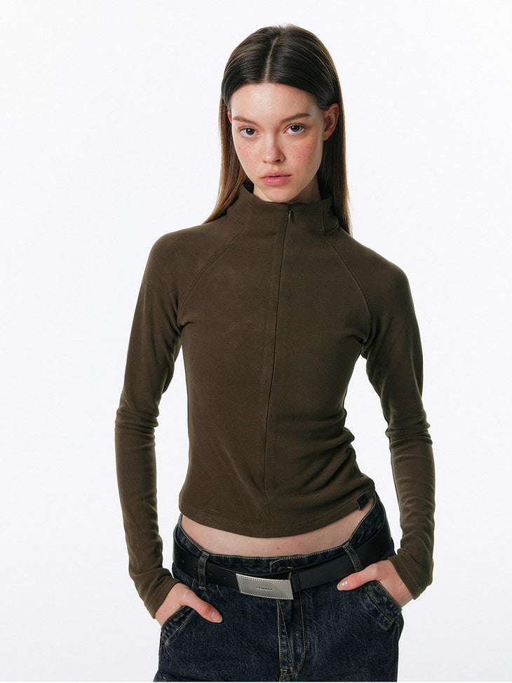 ALINNVSTUDIO Zip Half Collar Slim Commuter Ladies Black Olive Long Sleeve T-Shirts