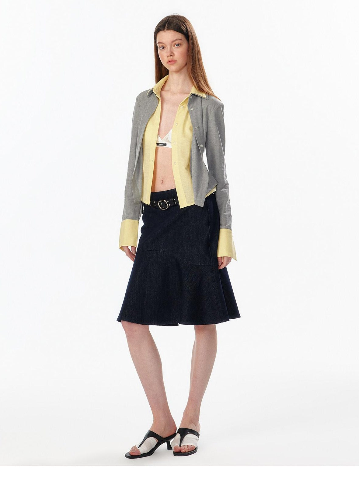 ALINNVSTUDIO Colorblock Faux Layered Slim Waist Cropped Cardigan Longsleeve Womens Shirts