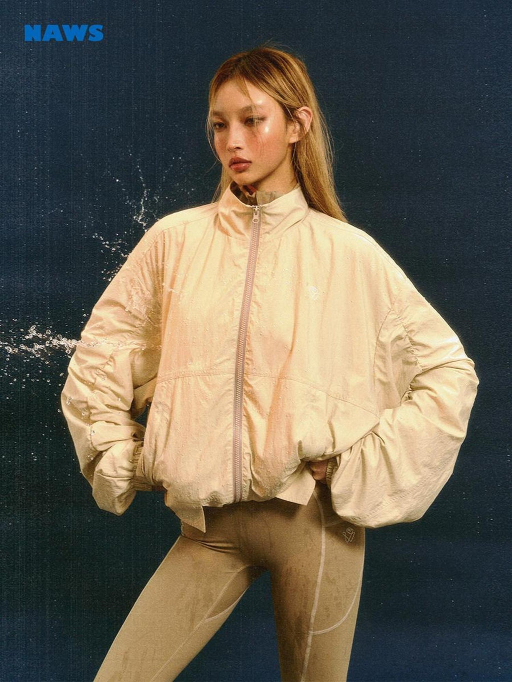 NAWSNOTAWEAR Pleated Detail Loose Fit Commuter Nylon Zip Front Turndown Collar Bomber Jackets