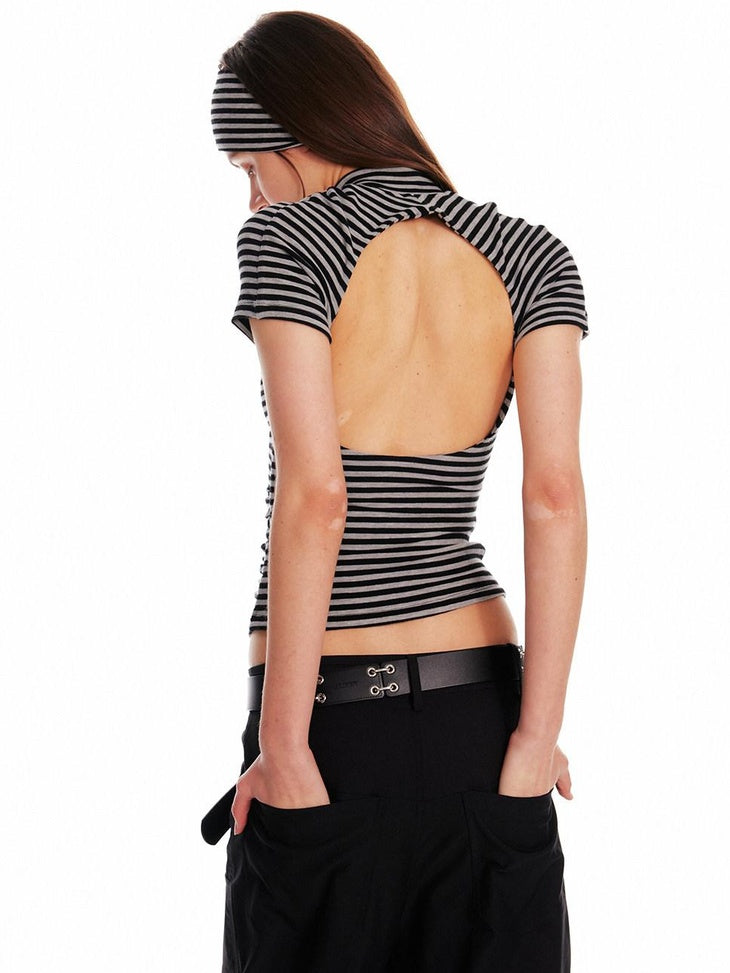 ALINNVSTUDIO Creative Patchwork Slim Fit Cropped Crewneck Striped Gray Short Sleeve T-Shirts