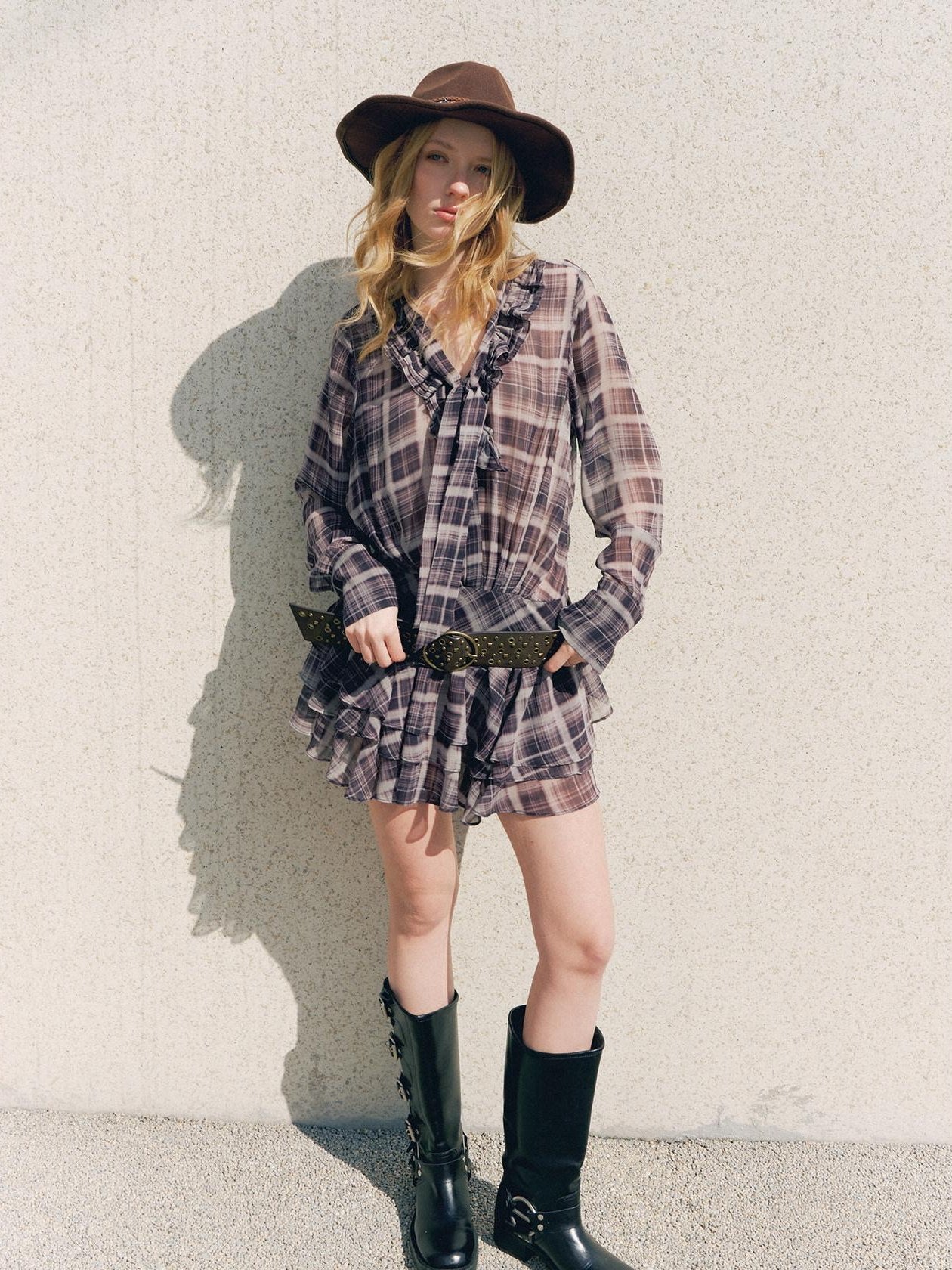 DeleteEx Chic Vintage Asymmetrical V-neck Slim Long Sleeve Plaid Citywalk Mini Dresses