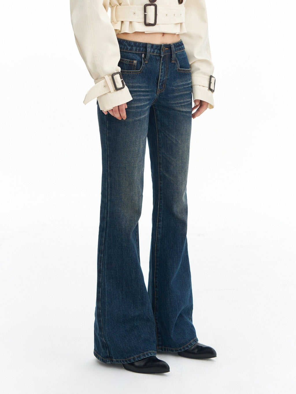 DeleteEx Washed Slim Low Rise Slight Stretch Sexy Girl Dark Blue Flared Jeans