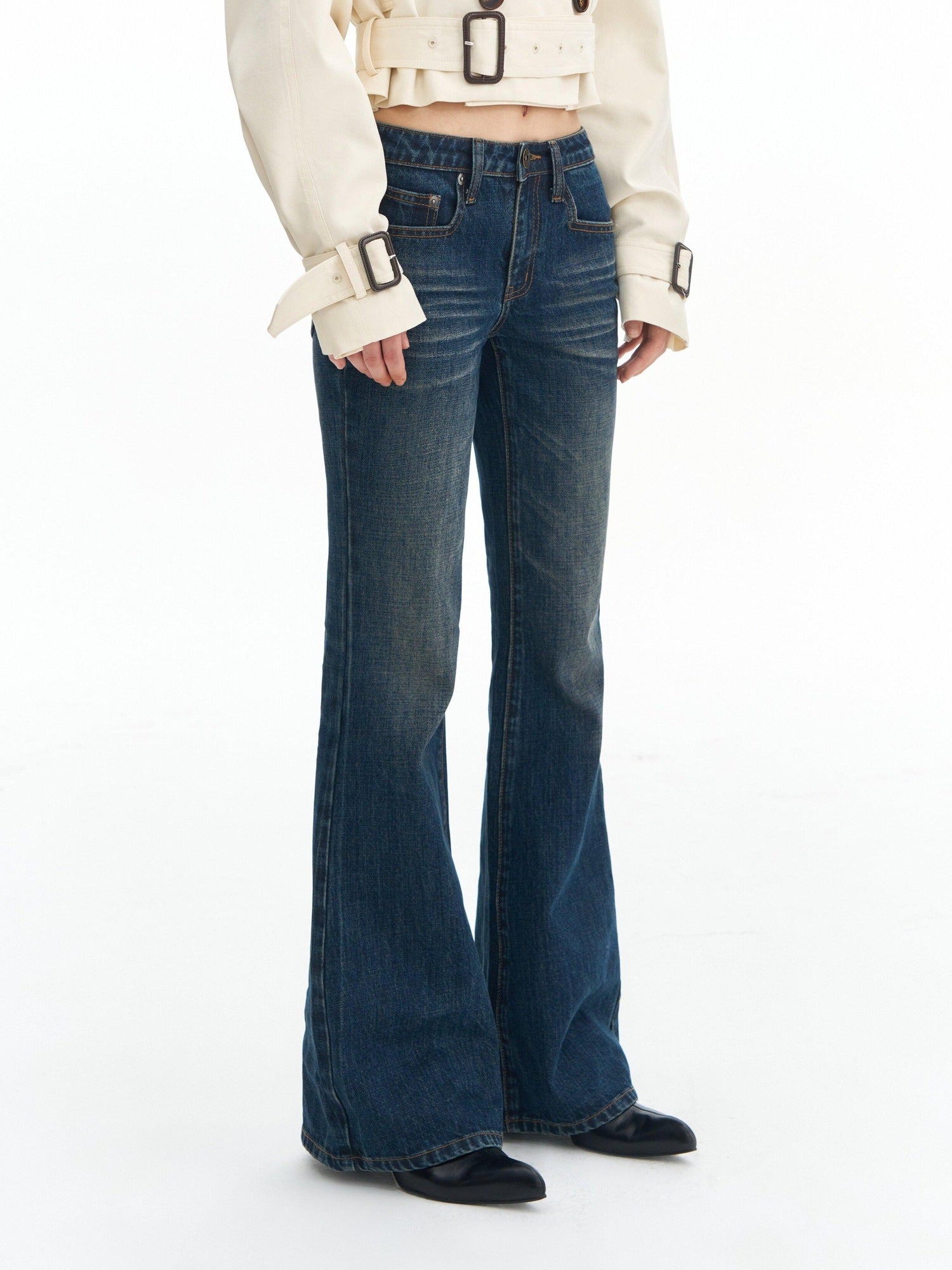 DeleteEx Washed Slim Low Rise Slight Stretch Sexy Girl Dark Blue Flared Jeans