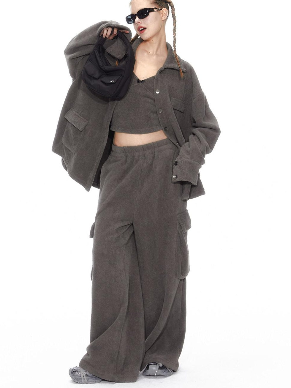 ALINNVSTUDIO Layered Jacket Vest Pants Slim Youth Grey Black Two Tone Top & Pants Sets