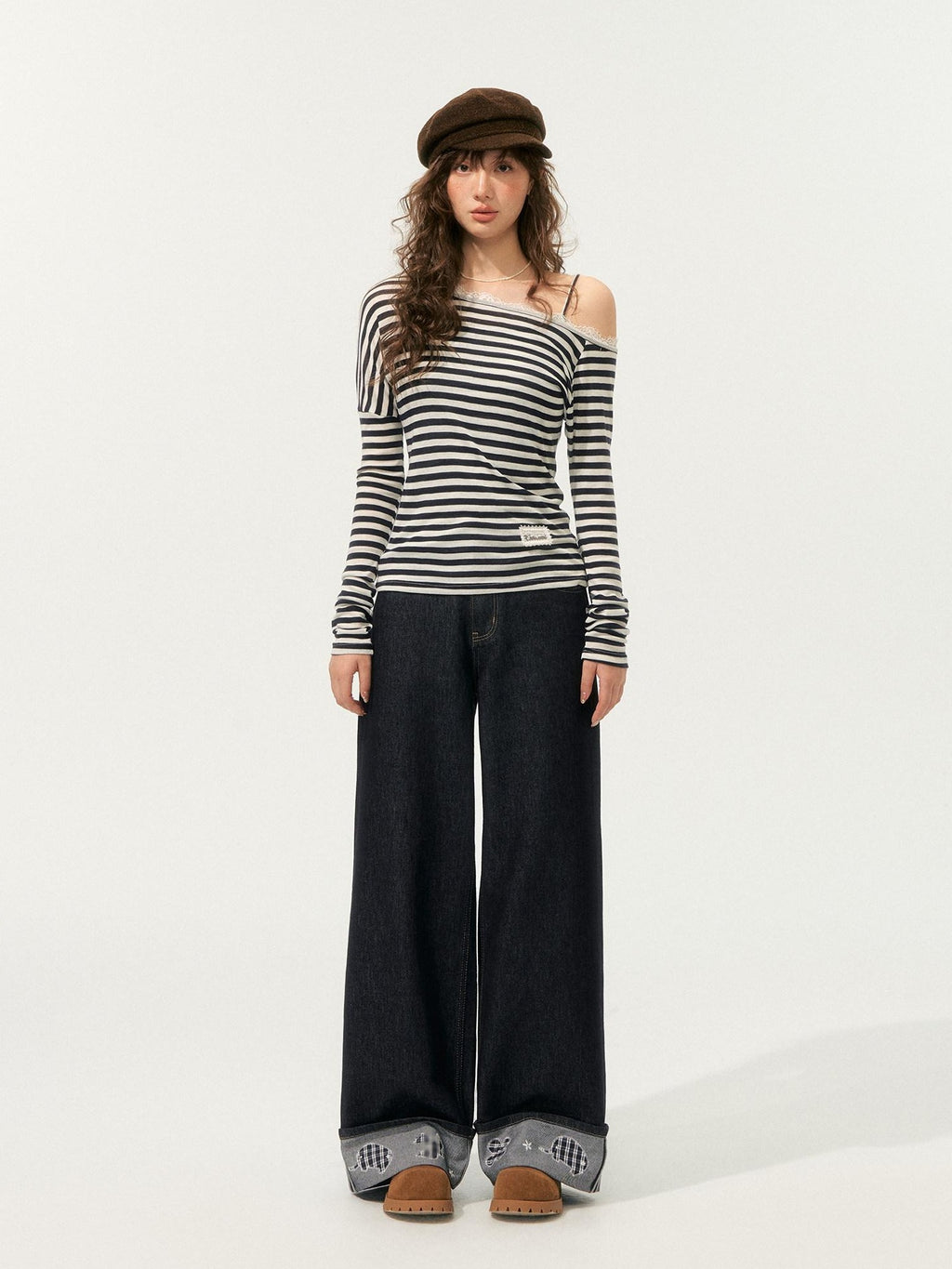 SOMESOWE Lyocell Blend Oversized Commuter Creative Navy Striped Women Long Sleeve T-Shirts