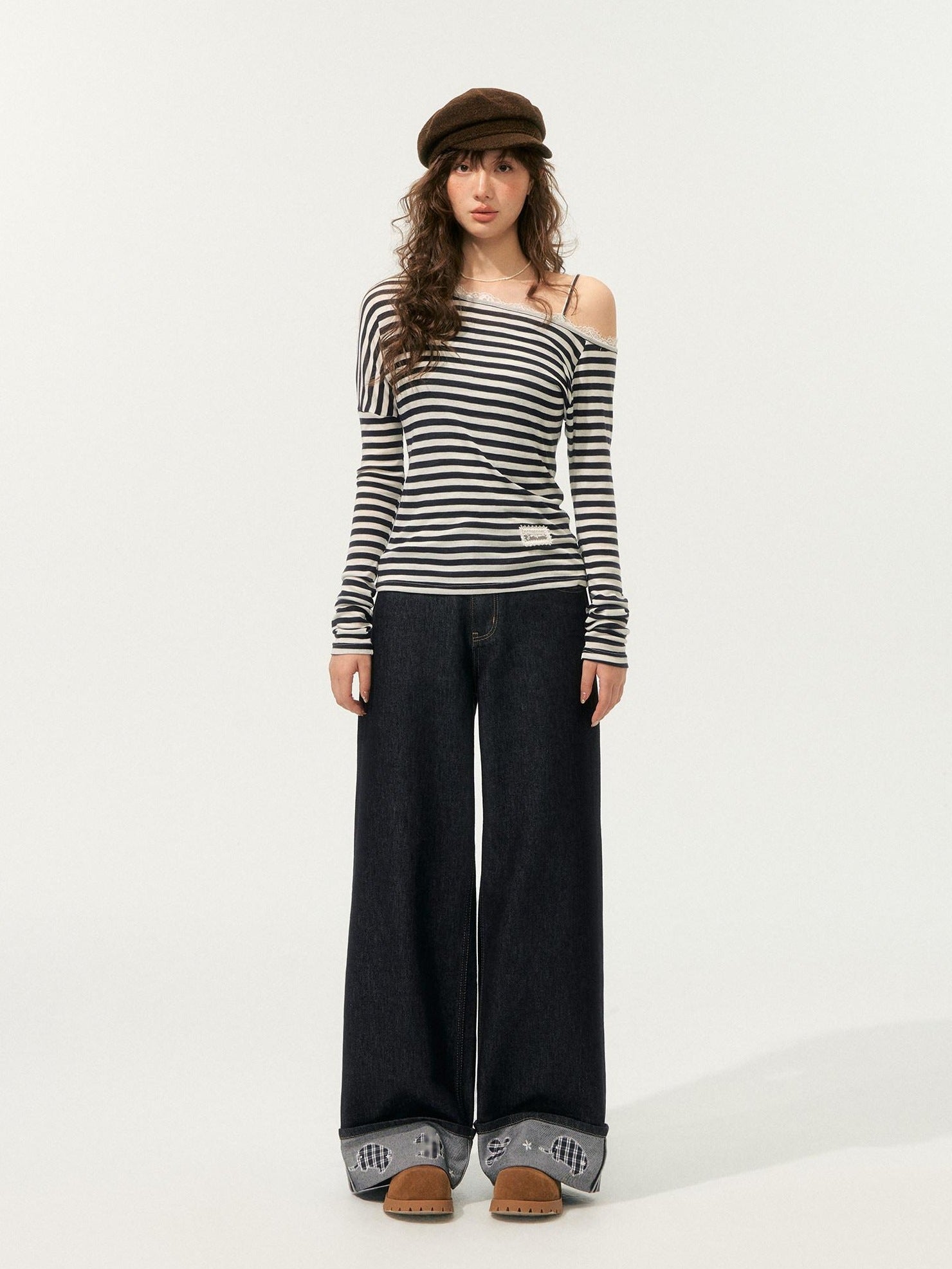 SOMESOWE Lyocell Blend Oversized Commuter Creative Navy Striped Women Long Sleeve T-Shirts