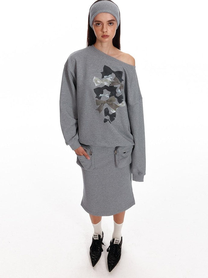 ALINNVSTUDIO Bow Accent Loose Fit Office Round Neck Women White And Gray Sweatshirt