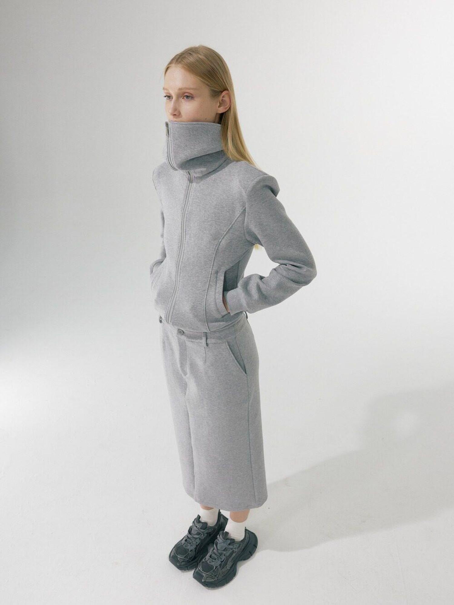 BUZHOU Zip Stand Collar Long Sleeve Stretch Cotton Commuter Grey Women Top & Skirt Sets