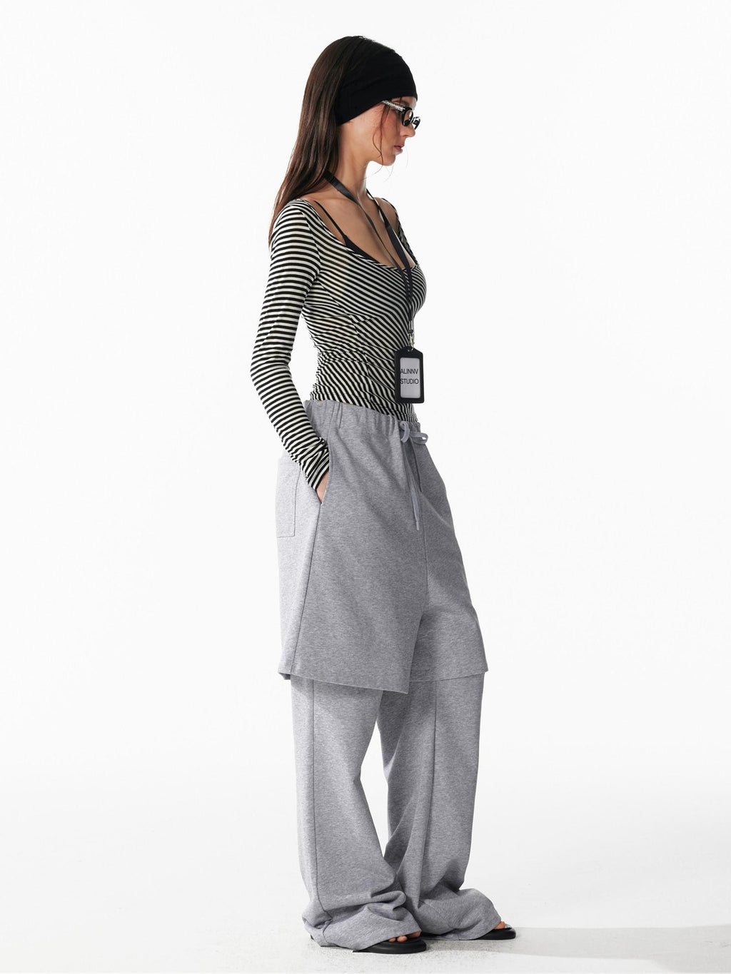 ALINNVSTUDIO Cozy Drawstring Layered Faux Two Piece Relaxed Low Rise Teen Casual Sweatpants
