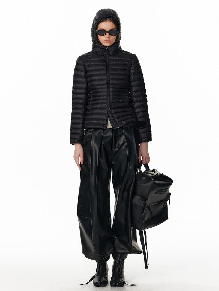 ALINNVSTUDIO Pu Leather Utility Natural Waist Curved Seam Black Women Wide Leg Pants