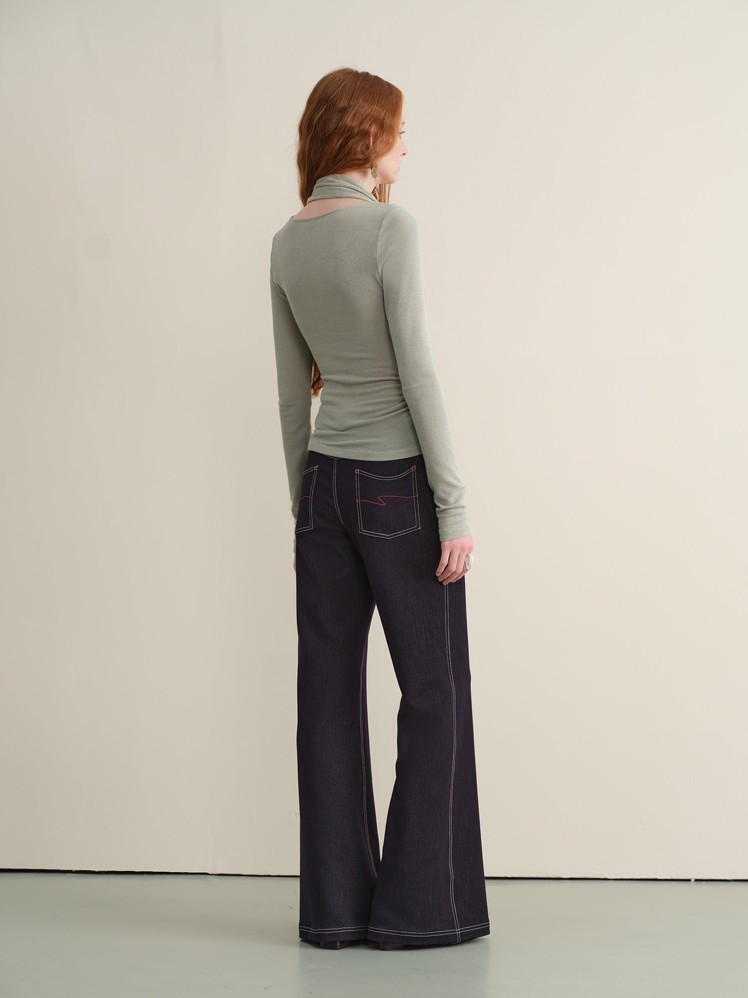 someonesometimes Stretch Minimal Natural Waist Topstitch Detail Women Midnight Blue Flared Jeans
