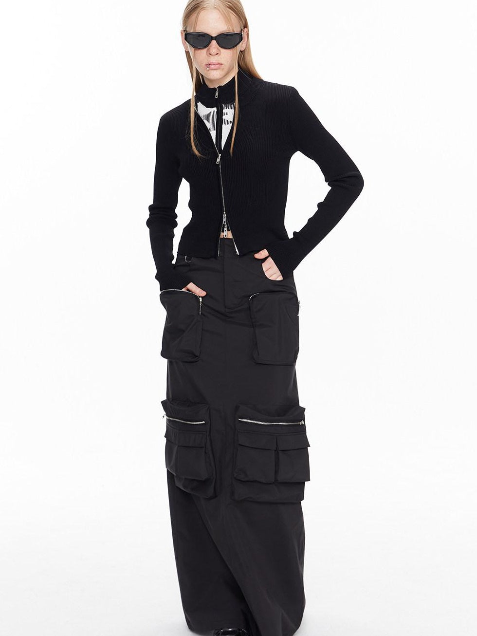 ALINNVSTUDIO Double Zipper Solid Knit Low Scoop Neck Office Casual Long Sleeve Cardigans