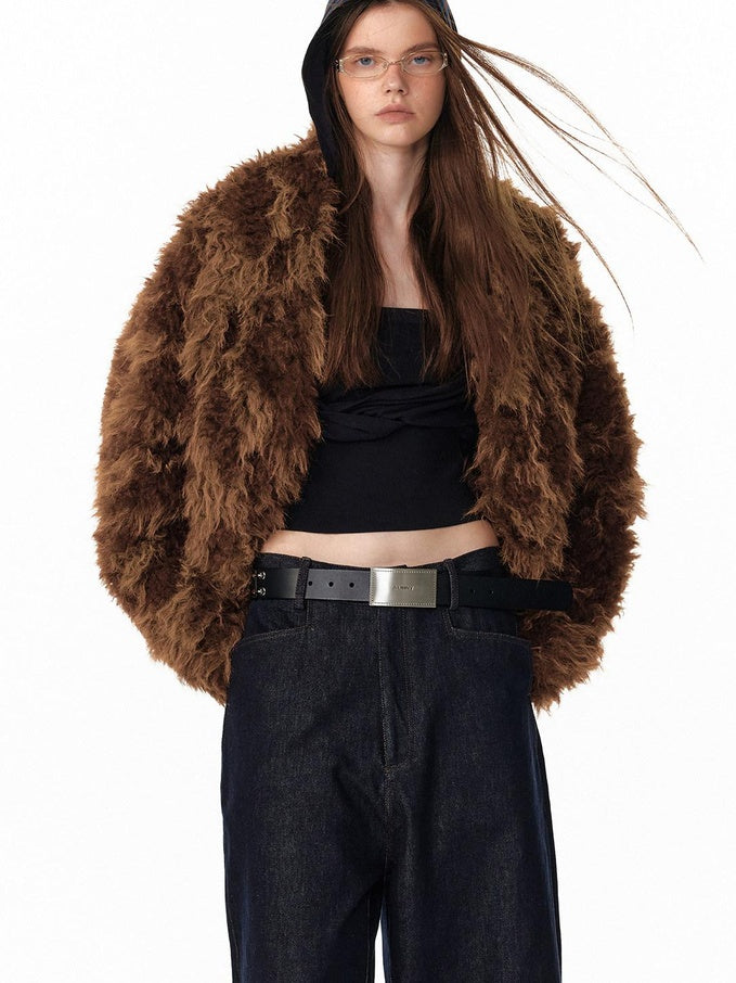 ALINNVSTUDIO Faux Fur Cropped Oversized Workwear Women Floral Pattern Leather Jackets