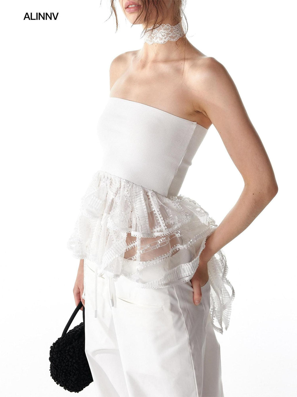 ALINNVSTUDIO Strappy Tie Detail Original Design Slim Fit Short Crop Black White Tube Tops