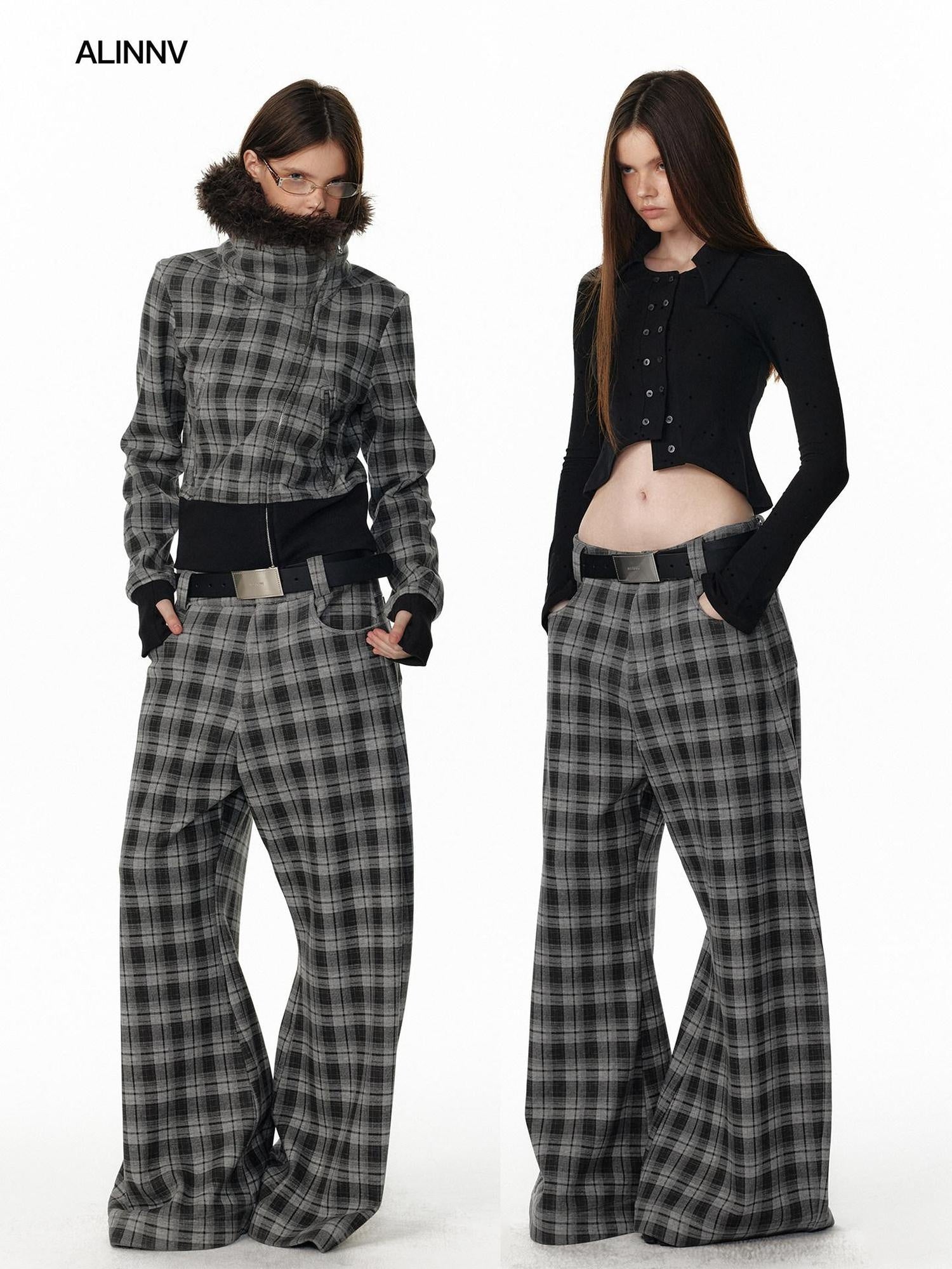 ALINNVSTUDIO Plaid Low Rise Loose American Style Zipper Front Women Wide Leg Pants
