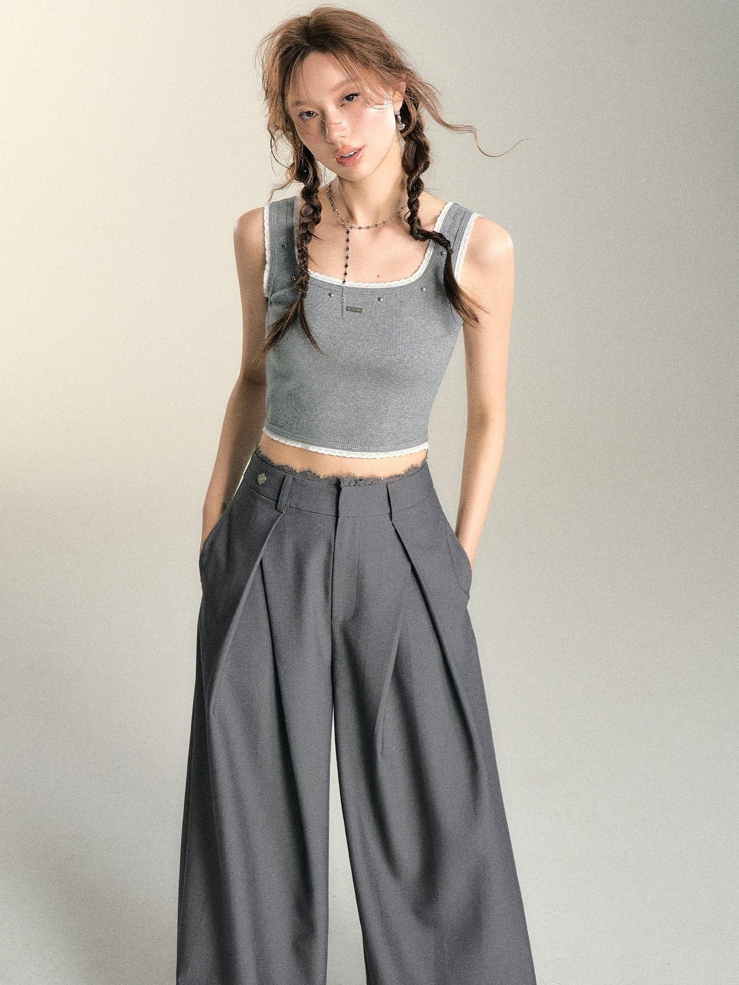 SOMESOWE Casual Lace Trim Patchwork Pocket Relaxed Natural Waist Women Wide Leg Pants
