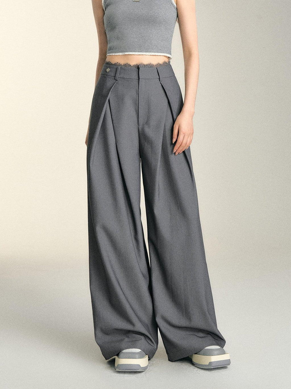 SOMESOWE Casual Lace Trim Patchwork Pocket Relaxed Natural Waist Women Wide Leg Pants