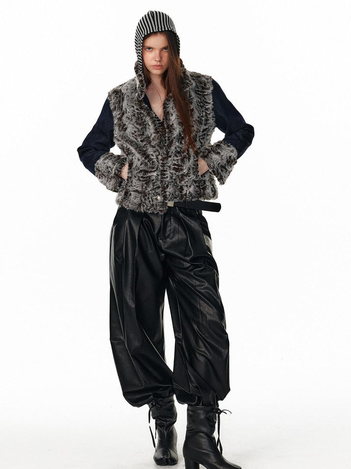 ALINNVSTUDIO Pu Leather Utility Natural Waist Curved Seam Black Women Wide Leg Pants