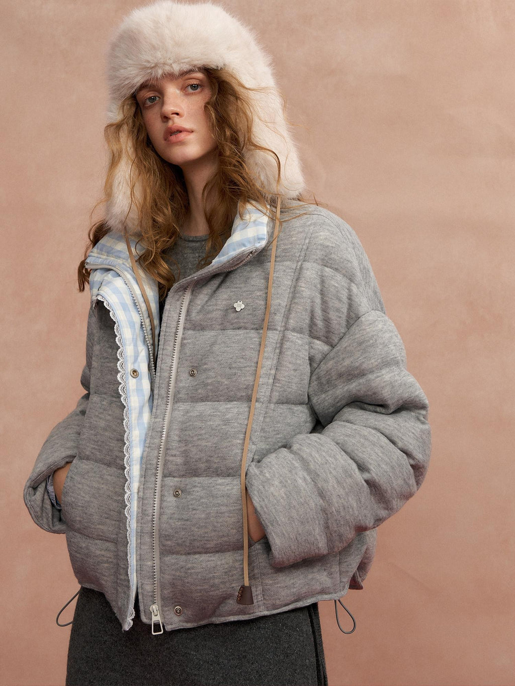 SOMESOWE Warm 90 Percent Duck Down Patchwork Plaid Lapel Zip Women Grey Down Jackets