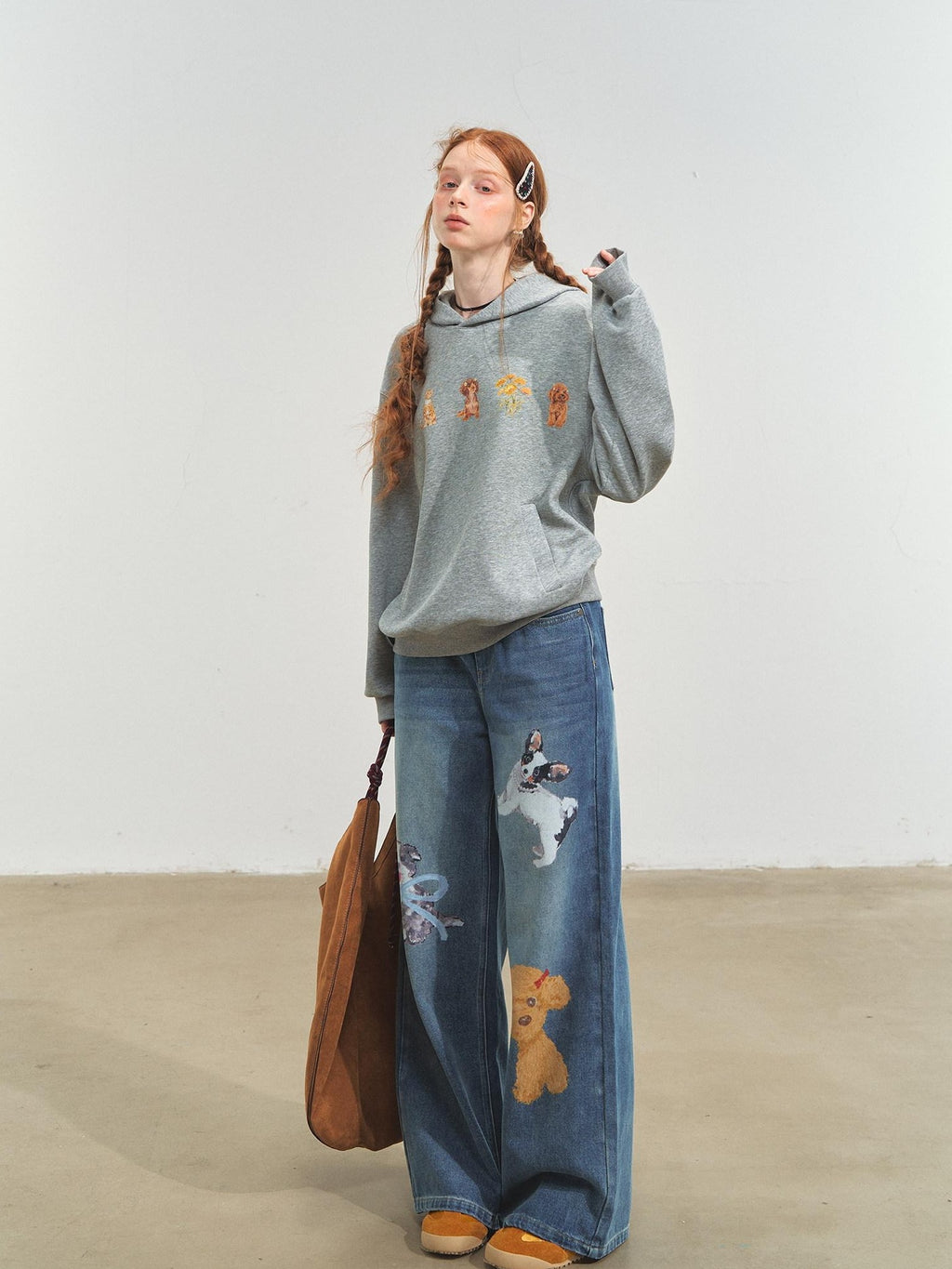 SOMESOWE Cartoon Anime Oversized Hooded Longsleeve Casual Grey Brown Hoodie