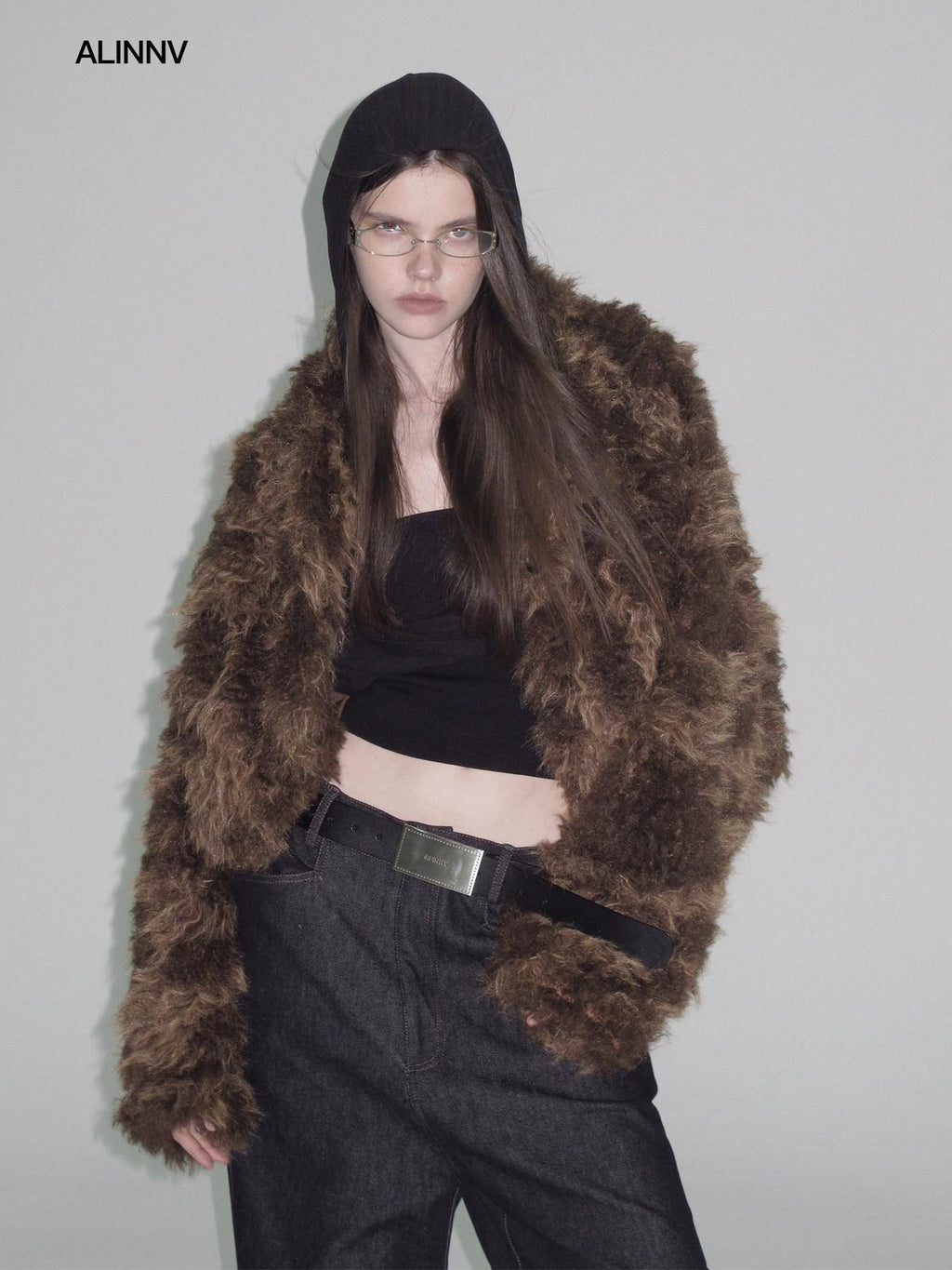 ALINNVSTUDIO Faux Fur Cropped Oversized Workwear Women Floral Pattern Leather Jackets