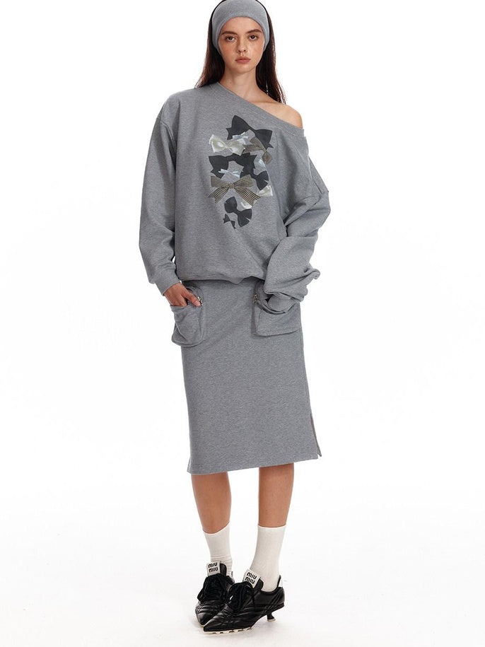 ALINNVSTUDIO Bow Accent Loose Fit Office Round Neck Women White And Gray Sweatshirt
