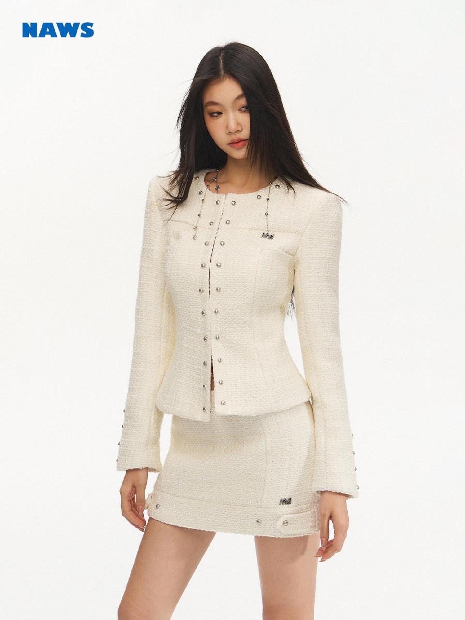 NAWSNOTAWEAR Wool Blend Two Piece Set Long Sleeve Round Neck Women Pearl White Mini Skirts