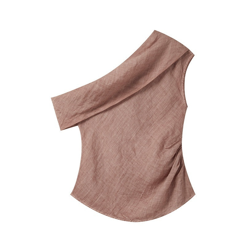 someonesometimes_Antibacterial_Uv_Pure_Ramie_Pleated_Slim_One_Shoulder_Women_Brick_Pink_Tank_Tops_MISSTT