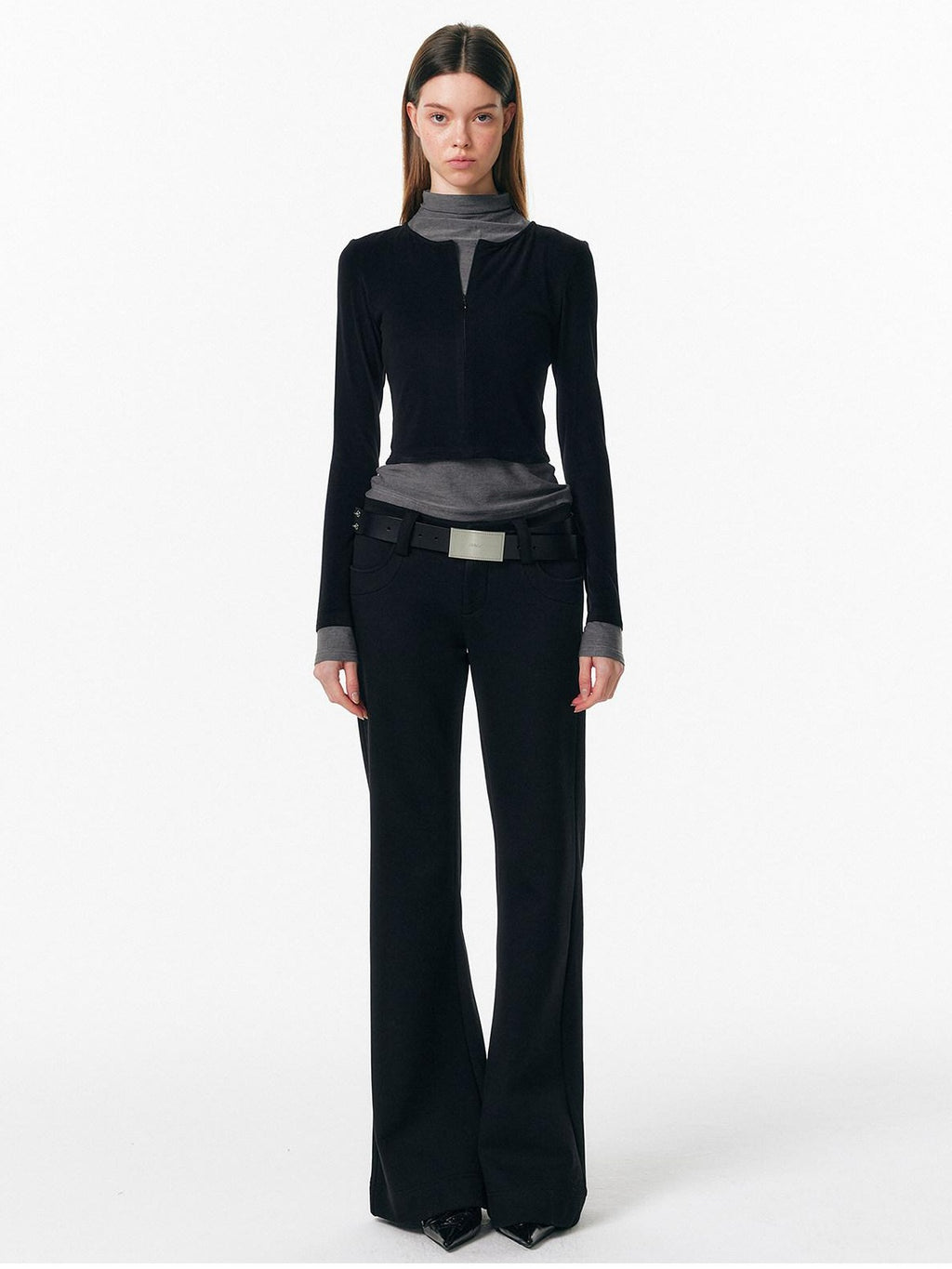 ALINNVSTUDIO Soft Zipper Slim Fit Short Collar Office Ladies Contrast Long Sleeve T-Shirts