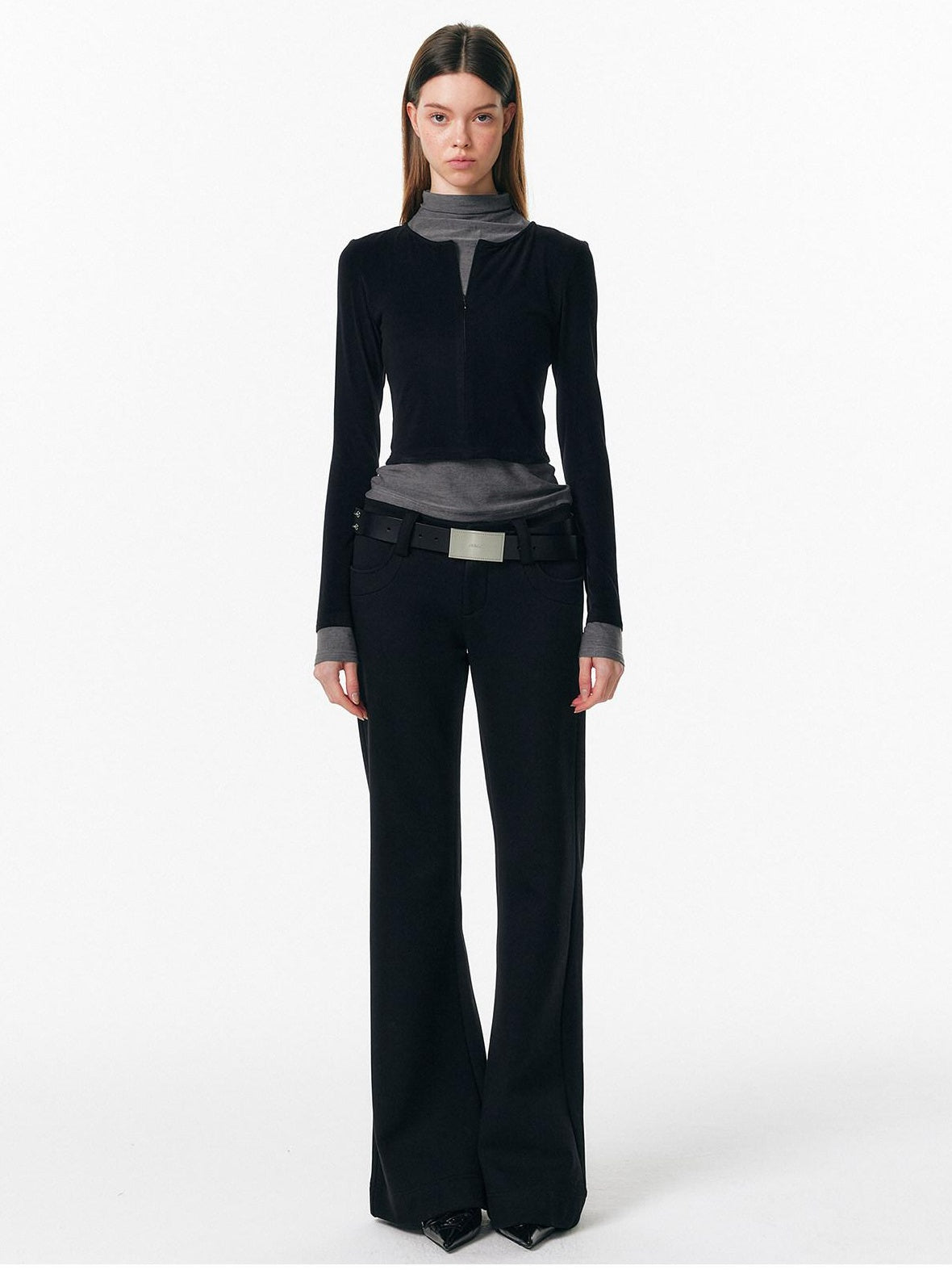ALINNVSTUDIO Soft Zipper Slim Fit Short Collar Office Ladies Contrast Long Sleeve T-Shirts