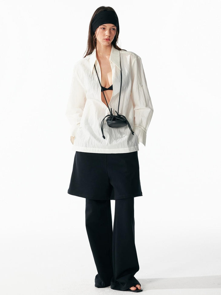 ALINNVSTUDIO Shape Retaining Loose V-neck Long Sleeve Pullover Womens Ivory Brown Shirts