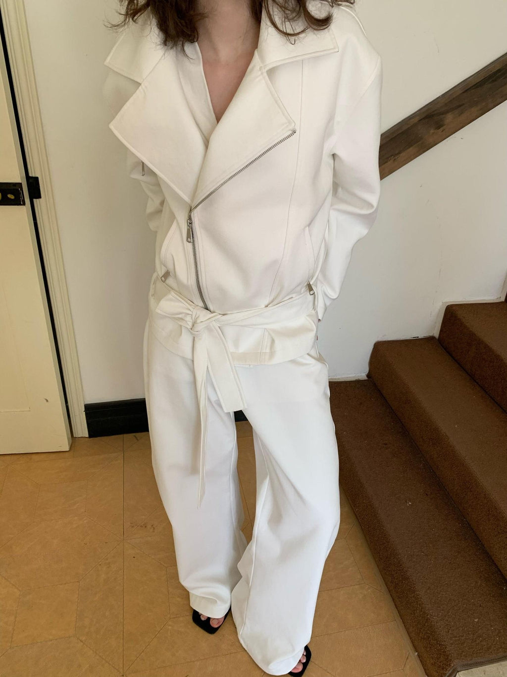 BUZHOU 100% Cotton Lapel Edgy Biker Short Women White Jacket Cropped Jackets