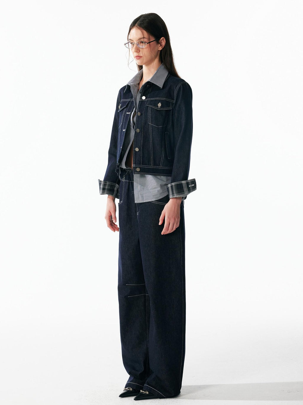 ALINNVSTUDIO Relaxed Fit Cotton Natural Waist Topstitch Deep Indigo Women Wide Leg Jeans