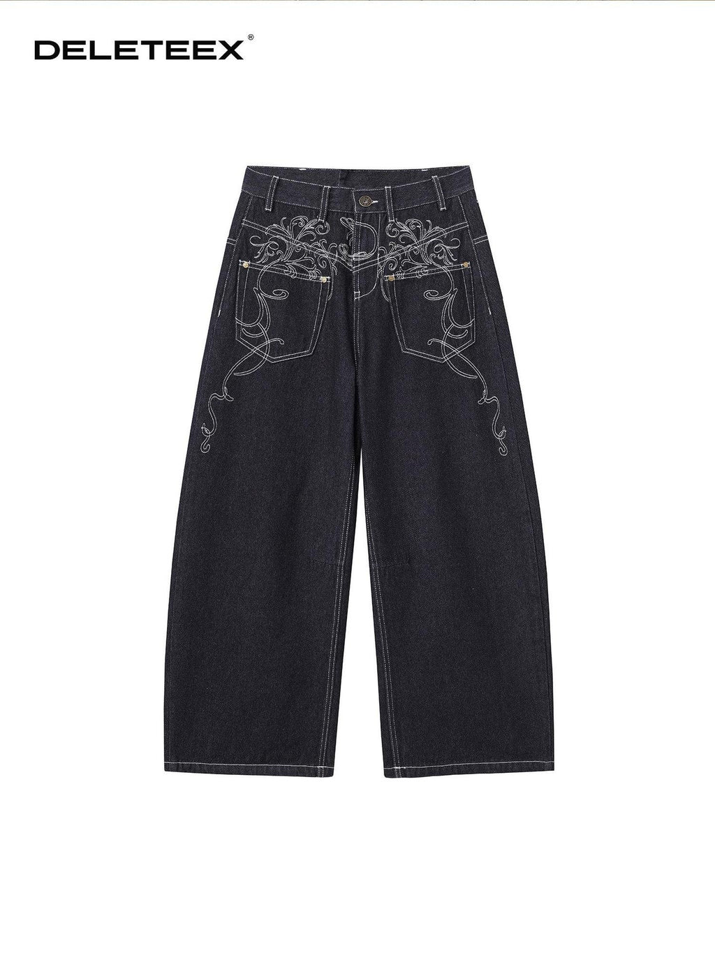 DeleteEx Embroidered Natural Waist Button Fly Micro Stretch Women Black Wide Leg Jeans