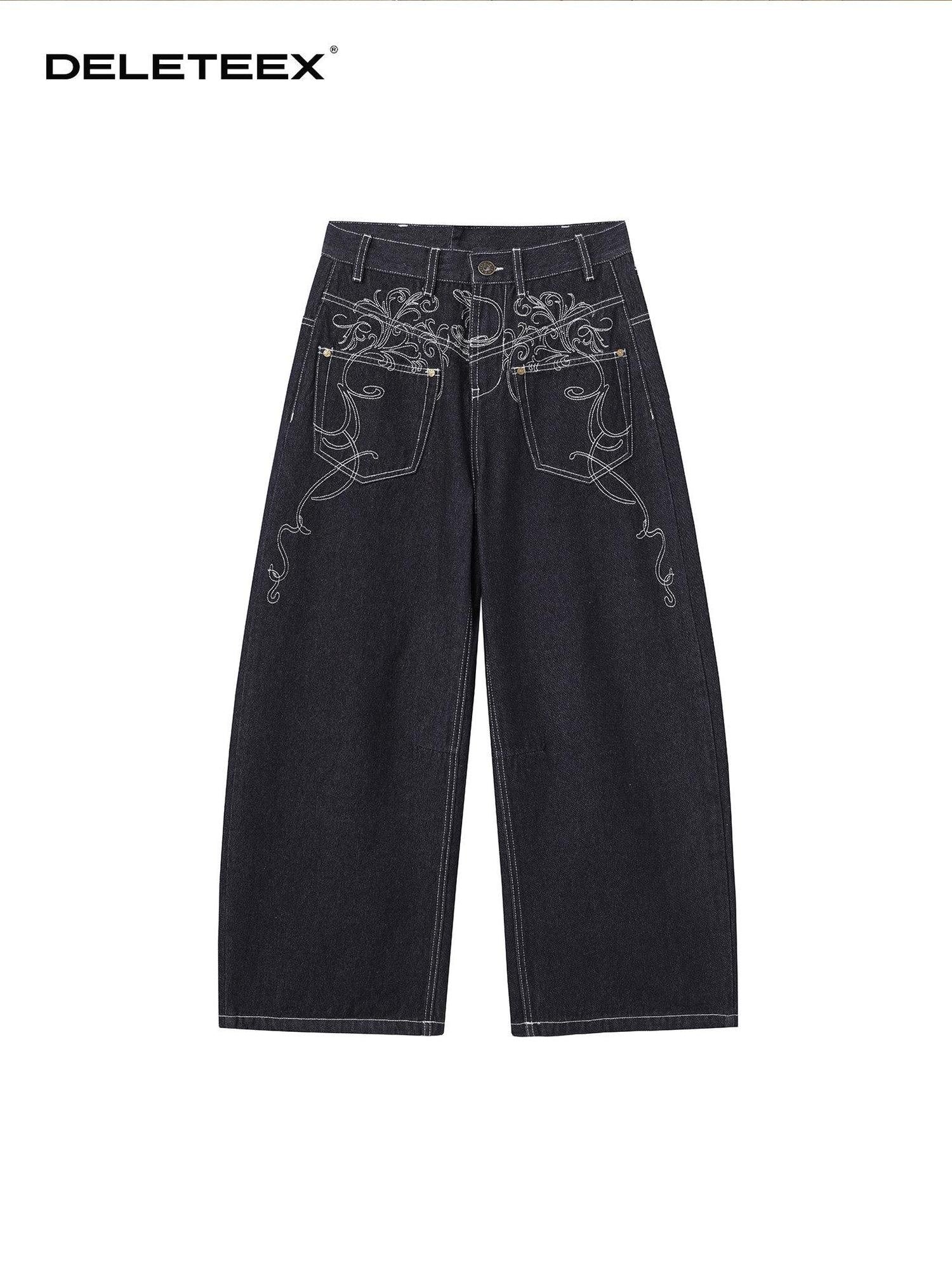 DeleteEx Embroidered Natural Waist Button Fly Micro Stretch Women Black Wide Leg Jeans