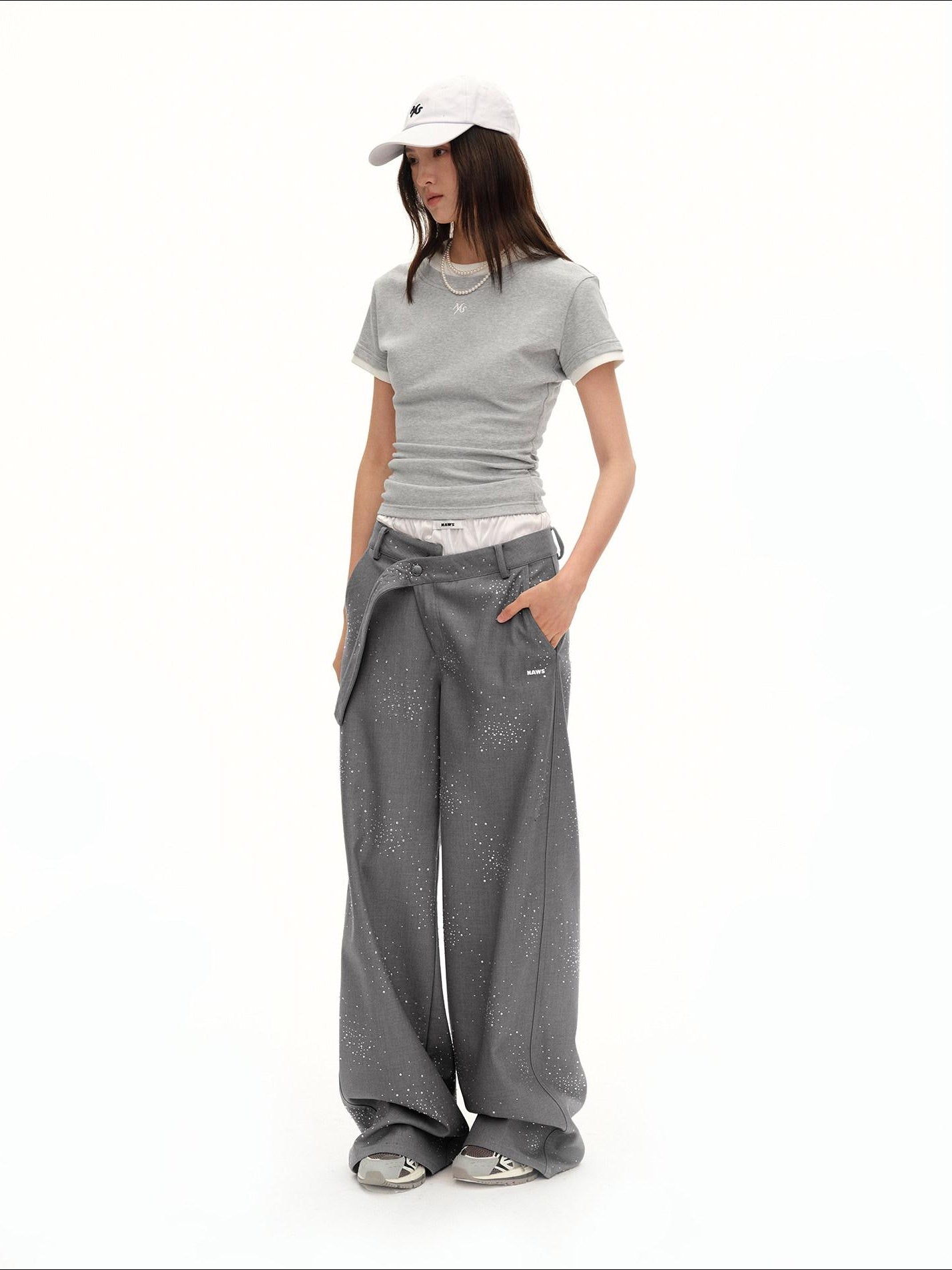 NAWSNOTAWEAR Rhinestone Low Rise Relaxed Women Button Closure Mist Gray Wide Leg Pants