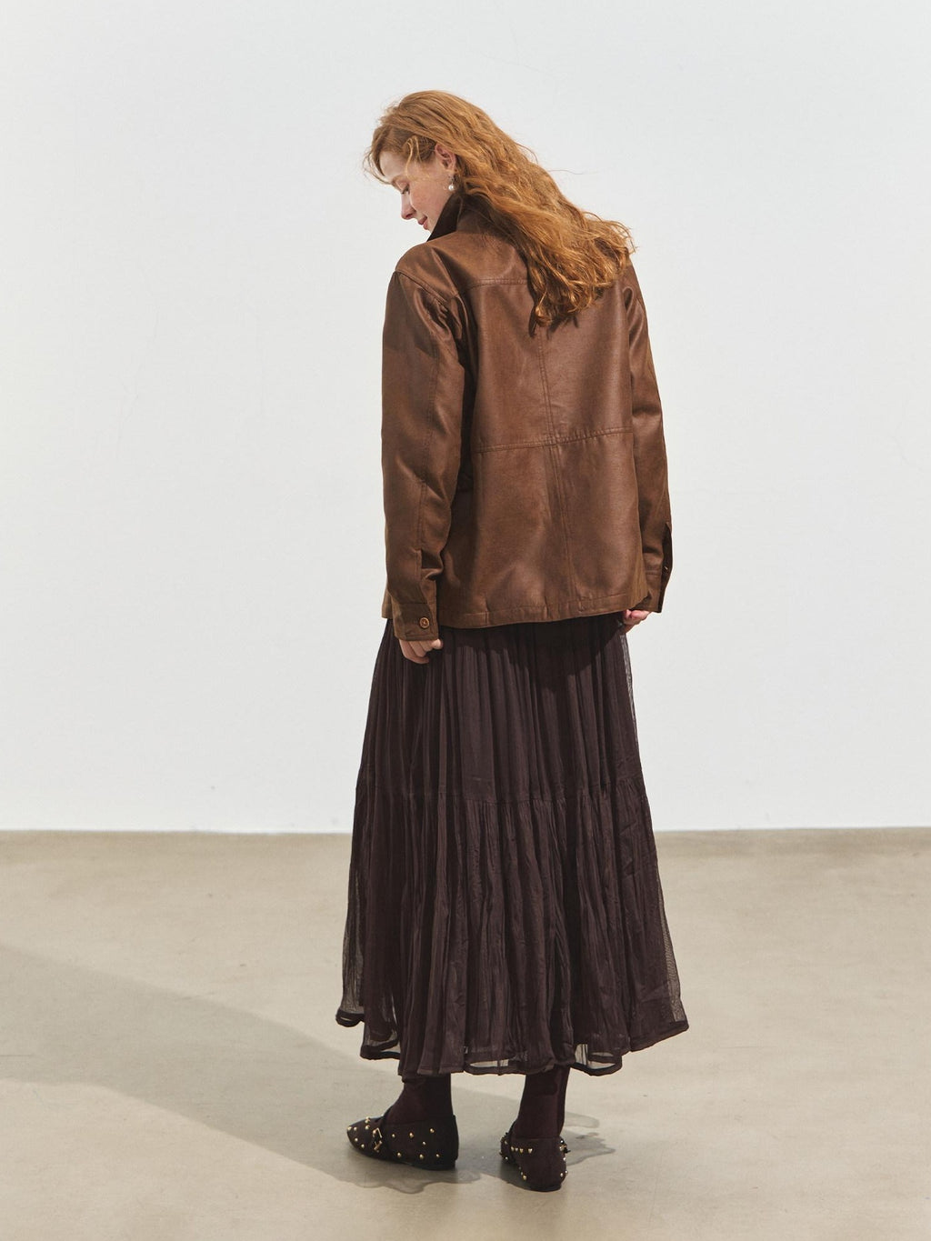 SOMESOWE Oversized Casual Pu Stand Collar Zip Flap Pocket Brown Women Leather Jackets