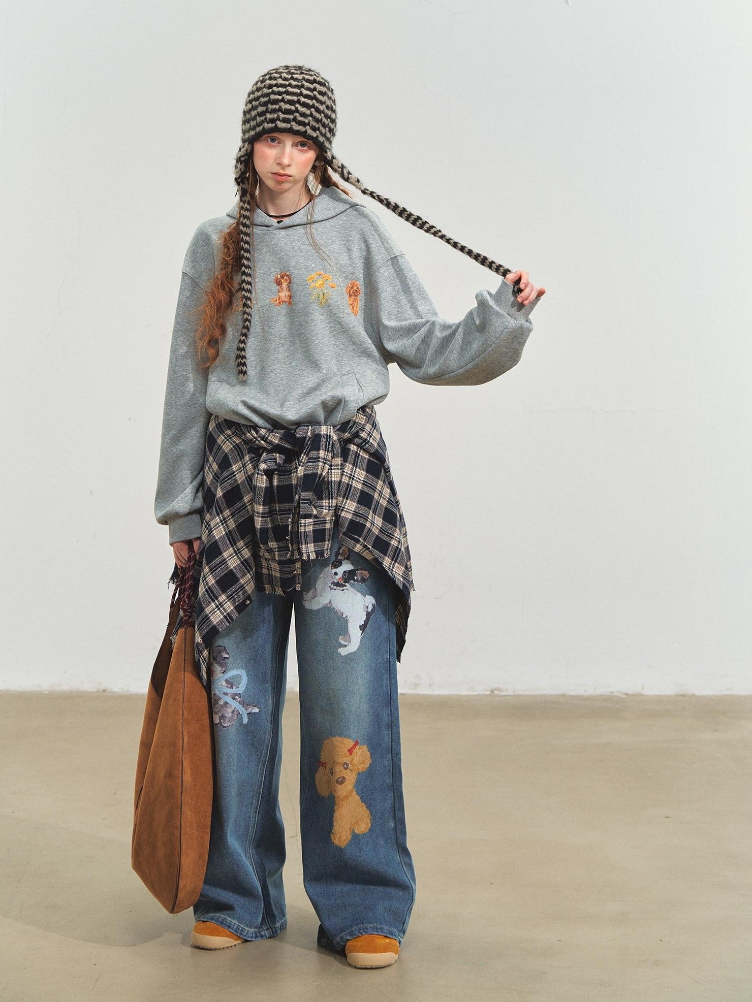 SOMESOWE Cartoon Anime Oversized Hooded Longsleeve Casual Grey Brown Hoodie