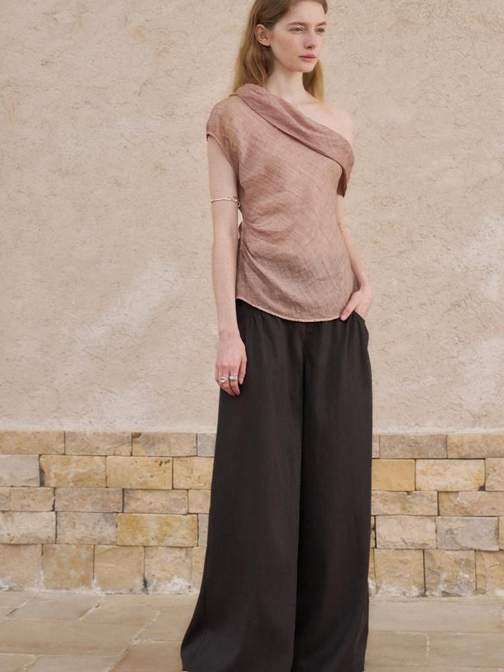 someonesometimes Antibacterial Uv Pure Ramie Pleated Slim One Shoulder Women Brick Pink Tank Tops