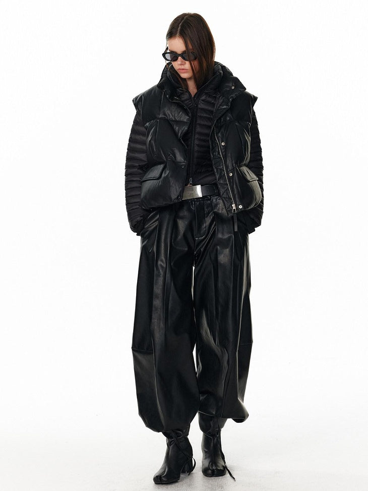ALINNVSTUDIO Pu Leather Utility Natural Waist Curved Seam Black Women Wide Leg Pants