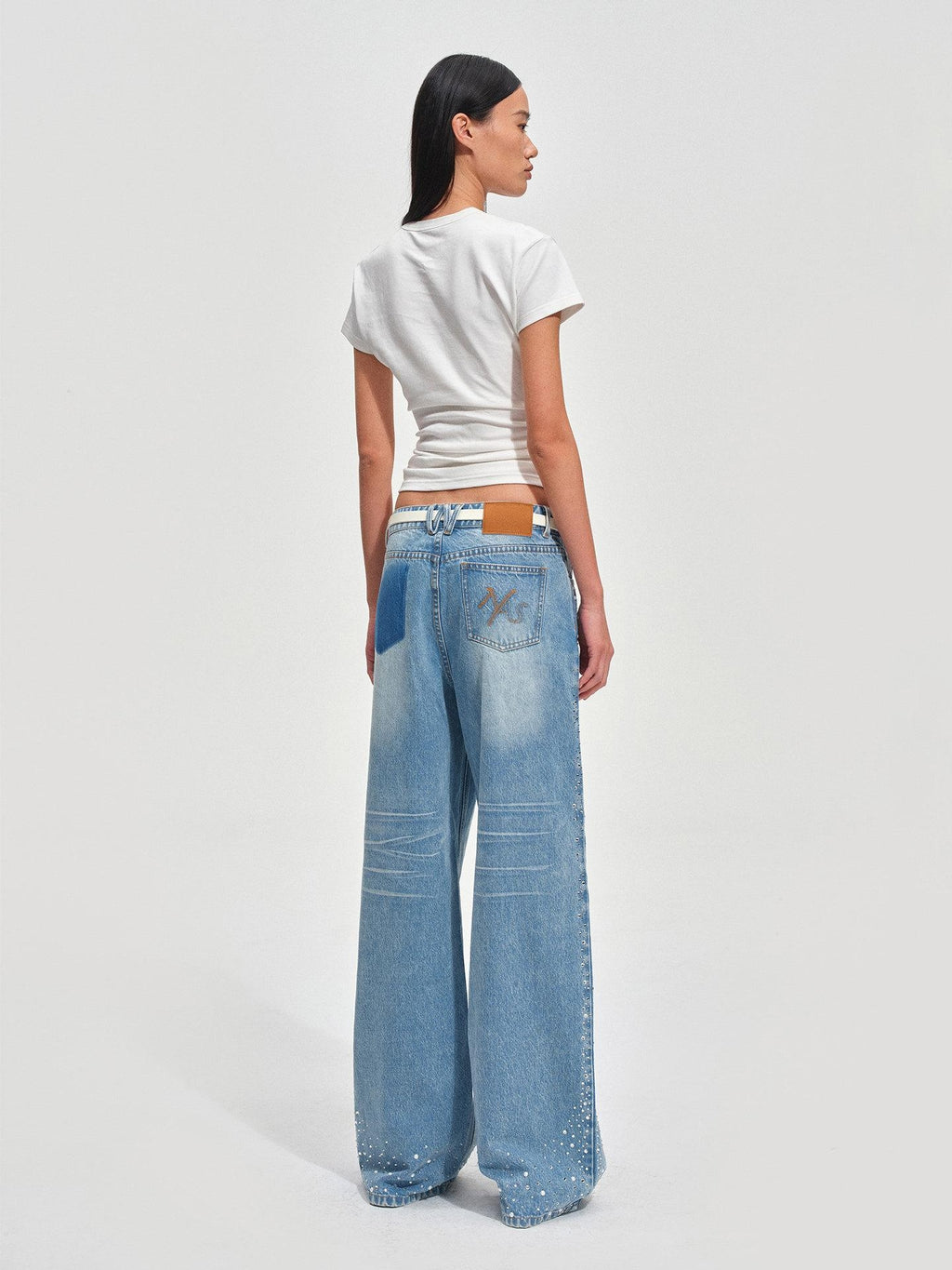 NAWSNOTAWEAR Rhinestone Embellished Vintage Low Waist Glacier Blue Wide Leg Jeans