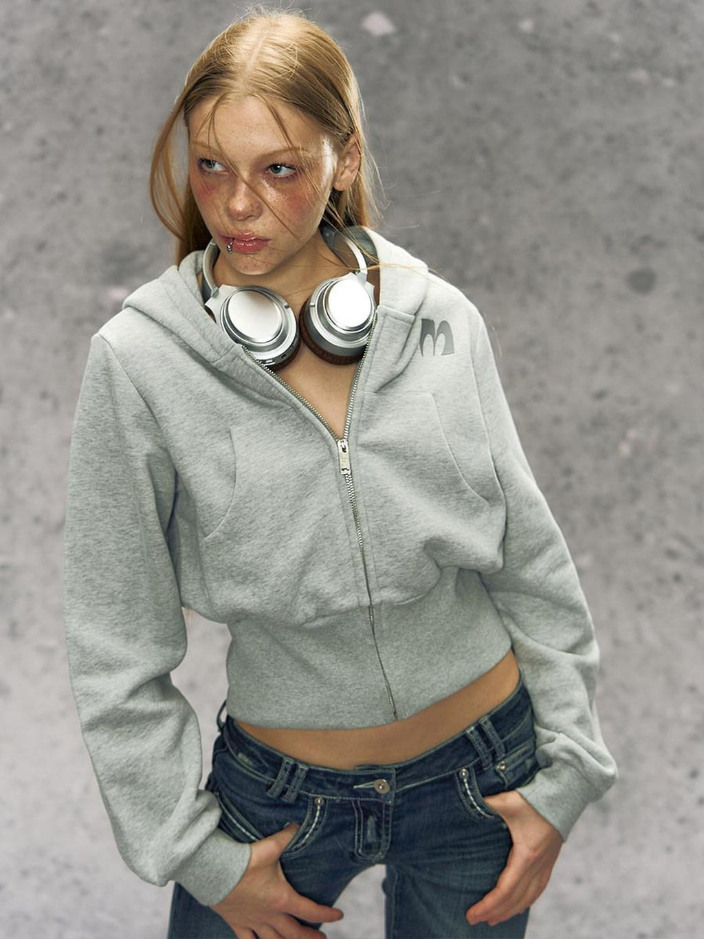 DeleteEx Soft Cotton Blend Zip Up Slim Cropped Street Style Women Solid Grey Blue Hoodie