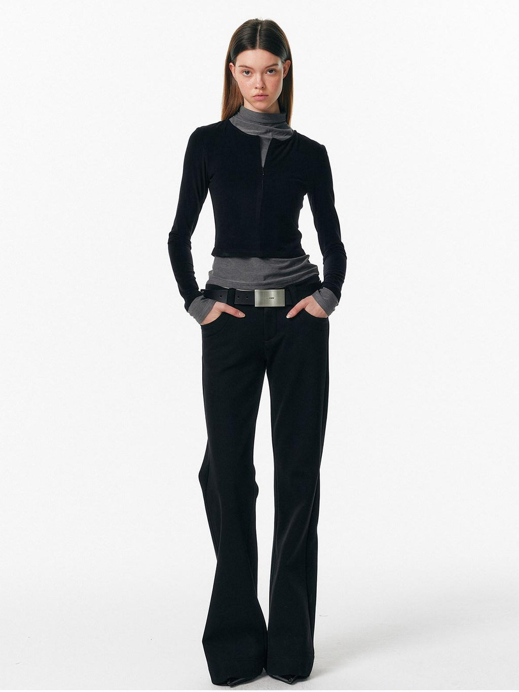 ALINNVSTUDIO Soft Zipper Slim Fit Short Collar Office Ladies Contrast Long Sleeve T-Shirts