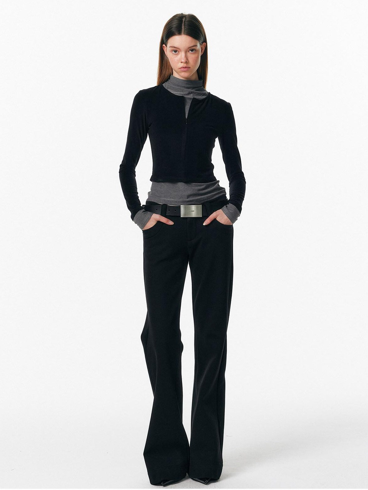 ALINNVSTUDIO Soft Zipper Slim Fit Short Collar Office Ladies Contrast Long Sleeve T-Shirts