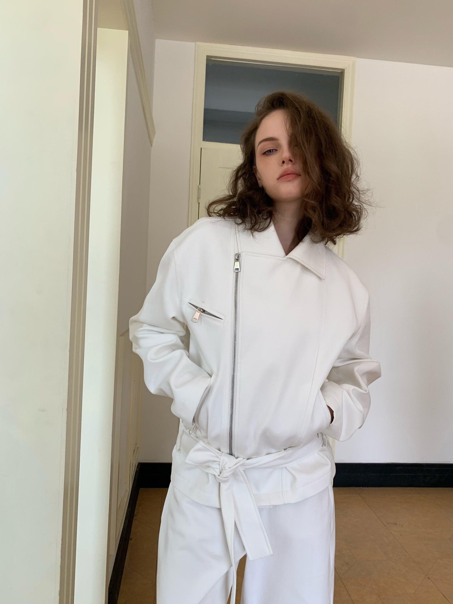 BUZHOU 100% Cotton Lapel Edgy Biker Short Women White Jacket Cropped Jackets